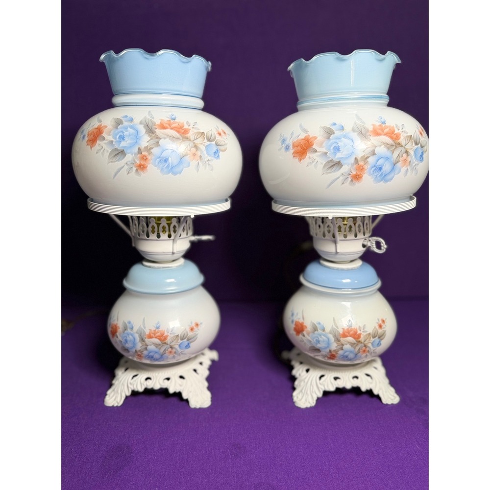 Vintage Pair Gone With The Wind Hurricane Lamps Blue Floral Milk Glass Set of 2
